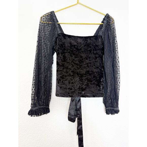 Anthropologie Porridge Black Velvet Lace Up Back Top Small Swiss Dot Puff Sleeve - Picture 9 of 12